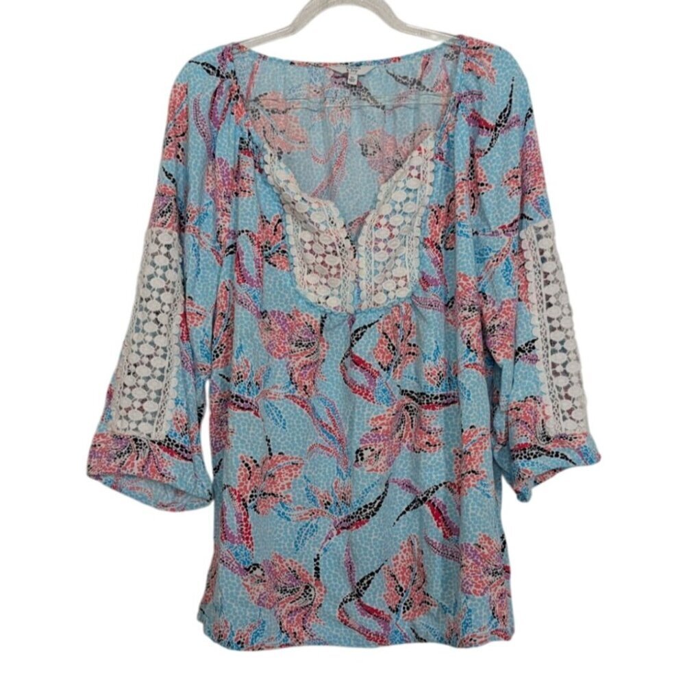 Crown & Ivy Mosaic Floral Tunic Womens Size XL Blue 3/4 Sleeves V Neck Shirt